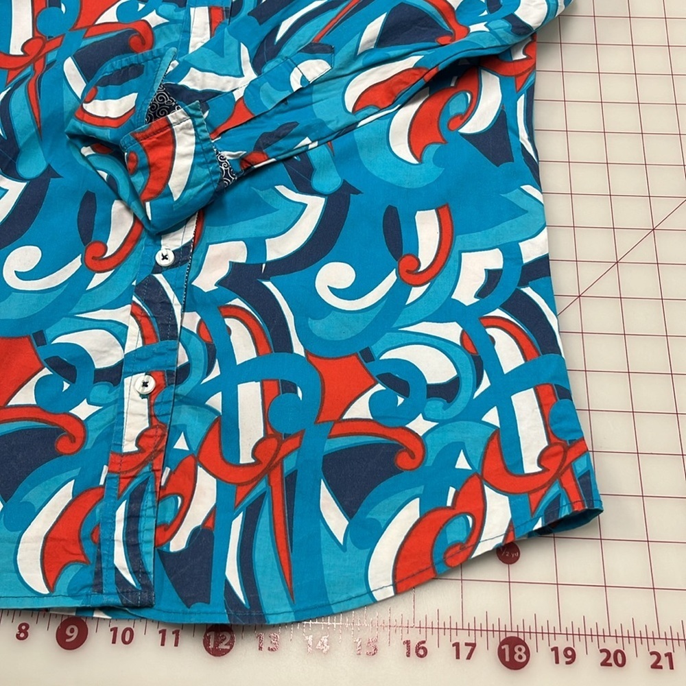 TIZZIE Artsy Mod Print Contrast French Cuff Preppy Retro Blue/Red Cotton Top S - Picture 8 of 16